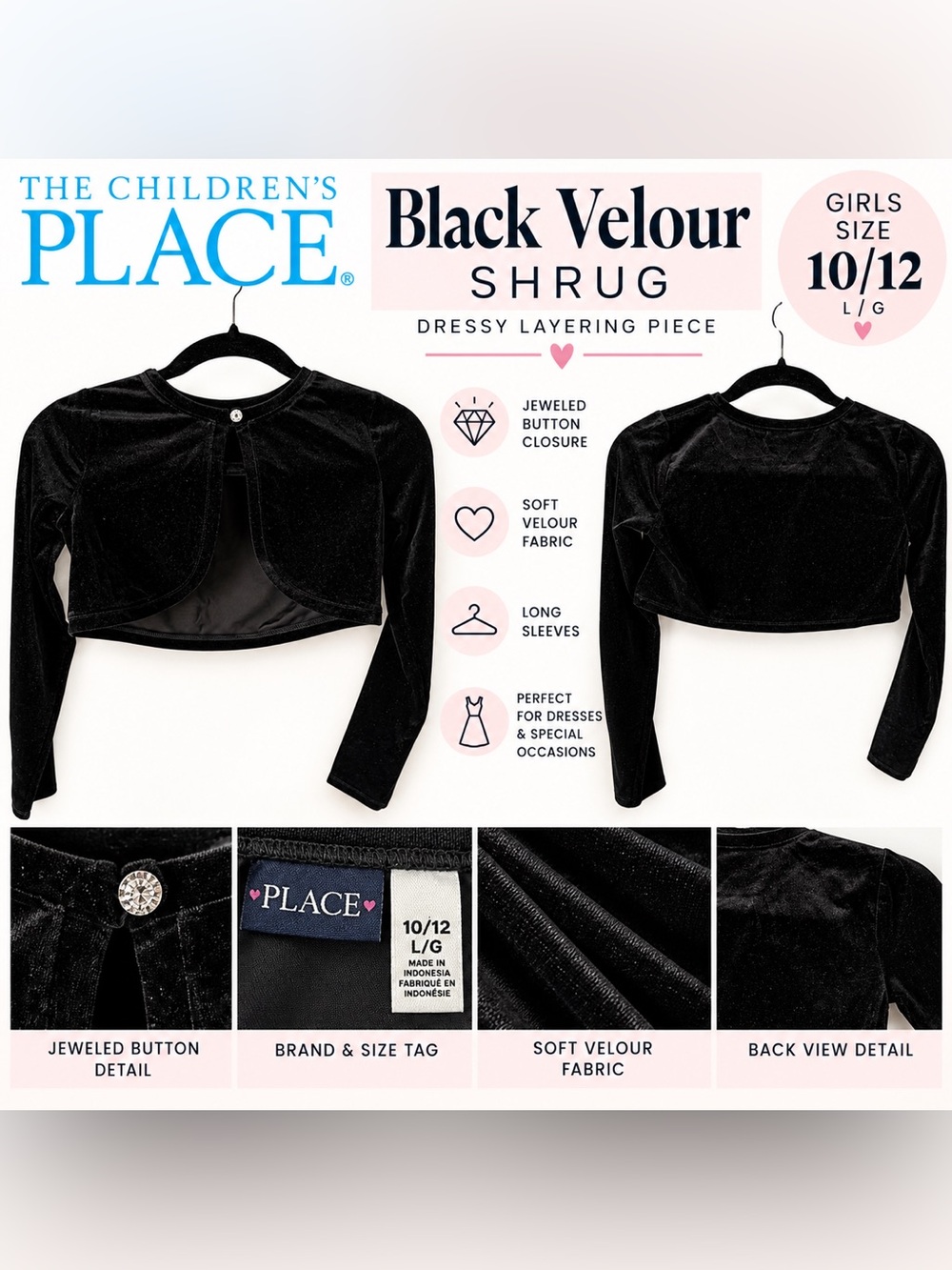 The Children’s Place Black Velour Shrug Girls 10/12 Jeweled Button
